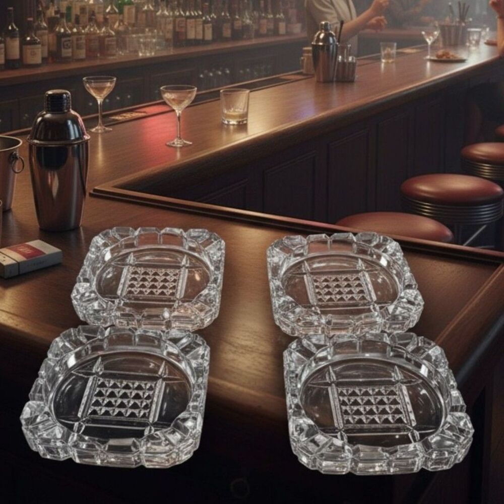 Set of 4 Glass Ashtrays Coasters Art Deco Design Vintage Clear Square Tableware